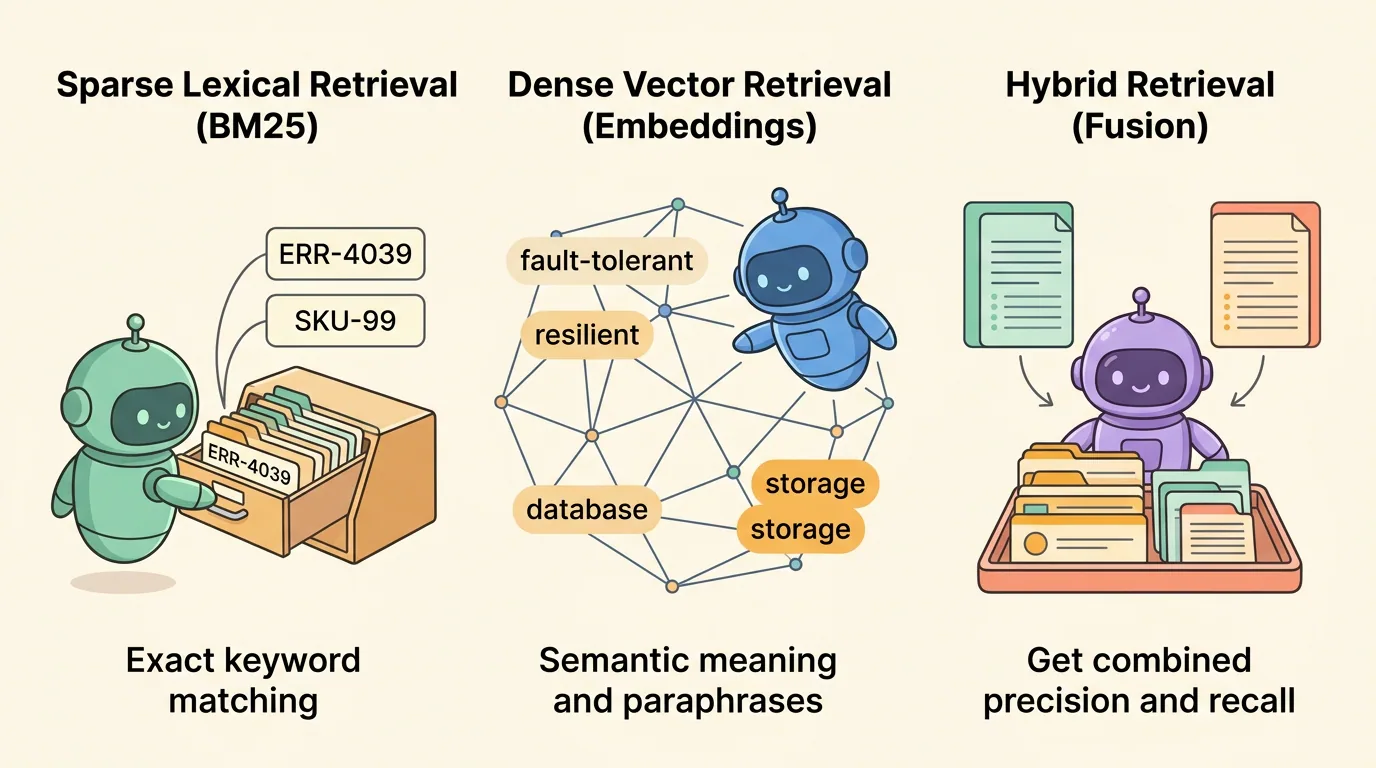 A three-panel educational cartoon contrasts sparse lexical retrieval matching exact keywords in an index box, dense vector retrieval clustering semantic concepts across a geometric coordinate space, and hybrid retrieval merging both streams into a unified ranked results tray.