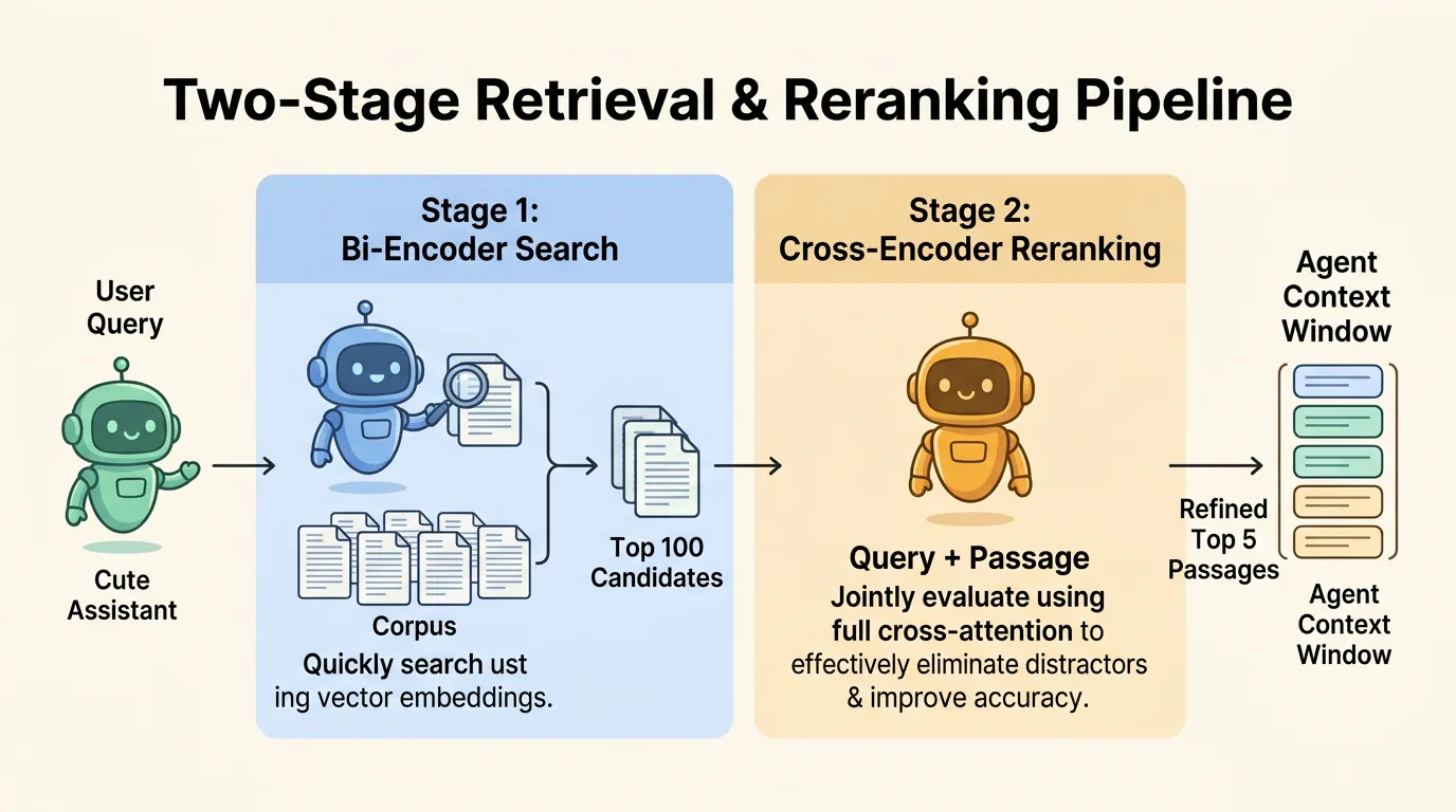 A two-stage retrieval architecture diagram traces a user query through Stage 1 bi-encoder vector prefetch yielding 100 candidates, followed by Stage 2 cross-encoder neural reranking using full joint cross-attention to output 5 refined passages to the agent context window.