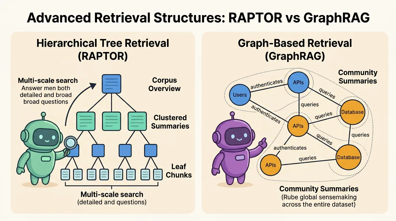 An educational diagram compares hierarchical tree retrieval (RAPTOR) using leaf chunks, clustered summaries, and multi-scale search against graph-based retrieval (GraphRAG) using entity nodes, relationship edges, and community summaries for global sensemaking.