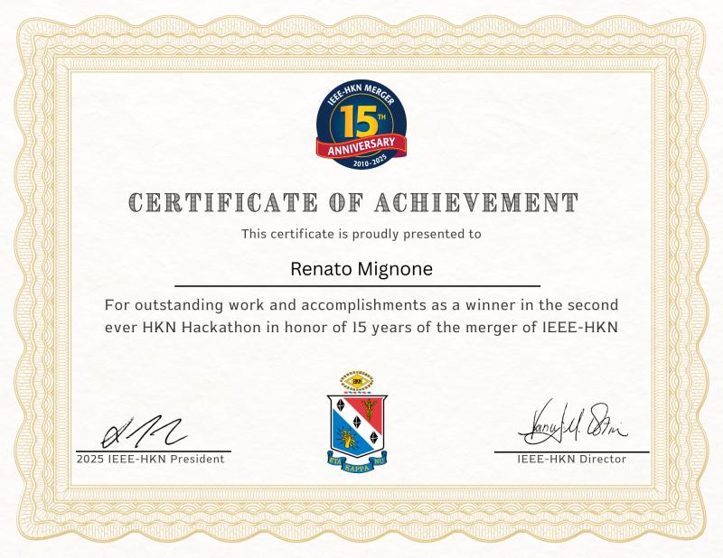 IEEE-HKN Hackathon certificate