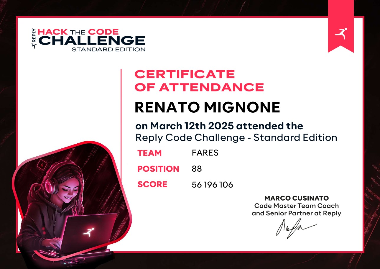 Reply Hack The Code certificate