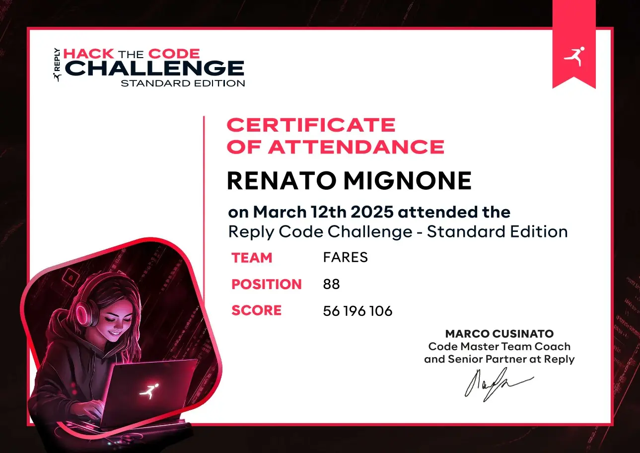 Reply Hack The Code certificate